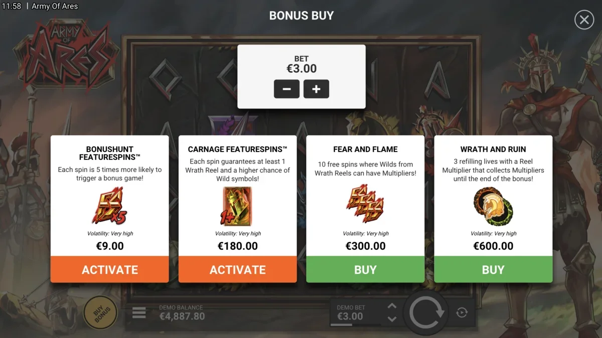 Jaws of Justice buy-in feature showing bonus selection screen